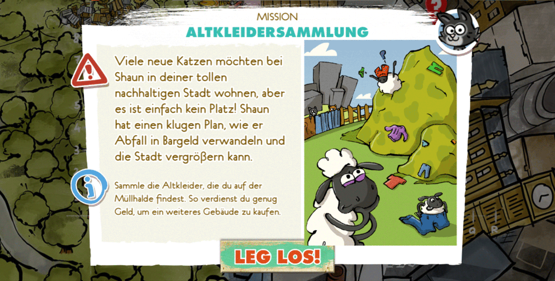 Ein Screenshot aus der App "Nachhaltiger Shaun" mit einer Texttafel, die eine Spielmission erklärt.