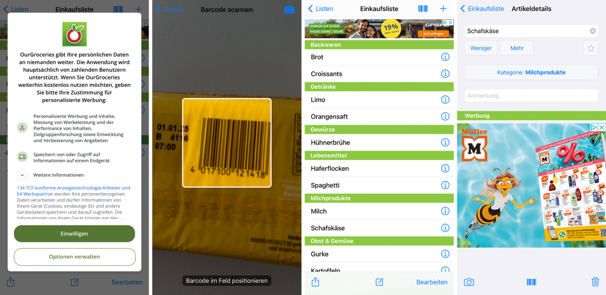 Beispielhafte Screenshots der Funktionen der App "OurGroceries"