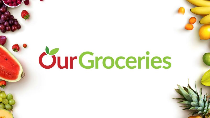 Schriftzug "OurGroceries", umgeben von Obst, als Logo der gleichnamigen App