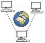 Grafik: Ein Weltkugel, drum herum drei PCs, die zusammen ein Netzwerk bilden